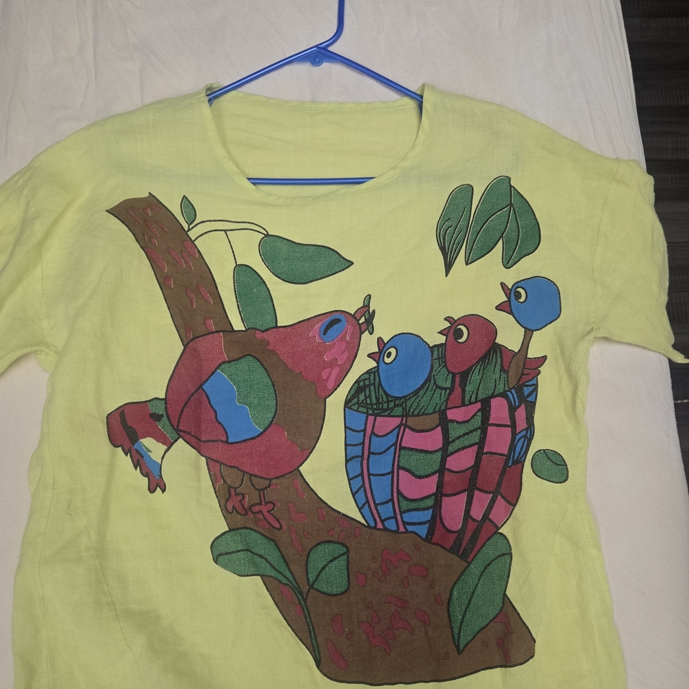 Colorful Bird Print Cotton Single Thread Blouse Shirt